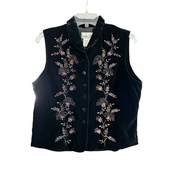 Coldwater Creek Jackets & Blazers - Coldwater Creek Black Velvet Embroidered Floral Vest Sz M Whimsigoth Fairy Lined